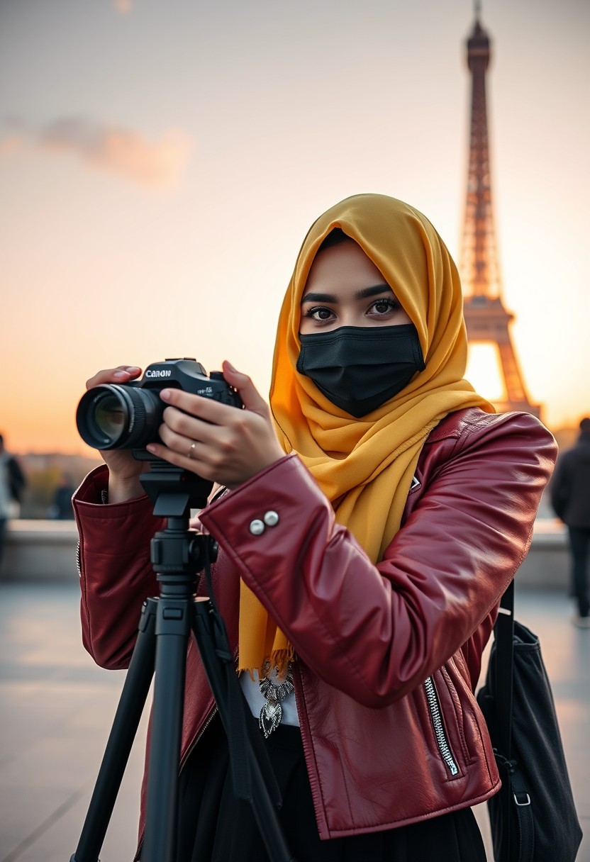 Biggest hijab yellow Muslim girl, beautiful eyes, face mask black, red leather jacket, biggest black skirt, camera DSLR CANON, tripod, taking photos, sunrise, morning scenery, Eiffel Tower, hyper realistic, street photography.