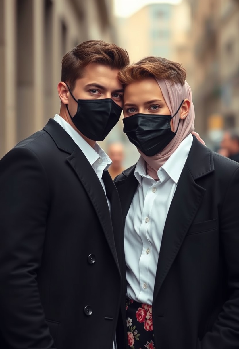 Jamie Dornan's head and body shot, handsome, young, black face mask, white shirt half-buttoned, black coat suit, dating love with the biggest soft pink hijab girl, beautiful eyes, black leather jacket, black face mask, biggest floral skirt, hyper-realistic, street photography. - Image