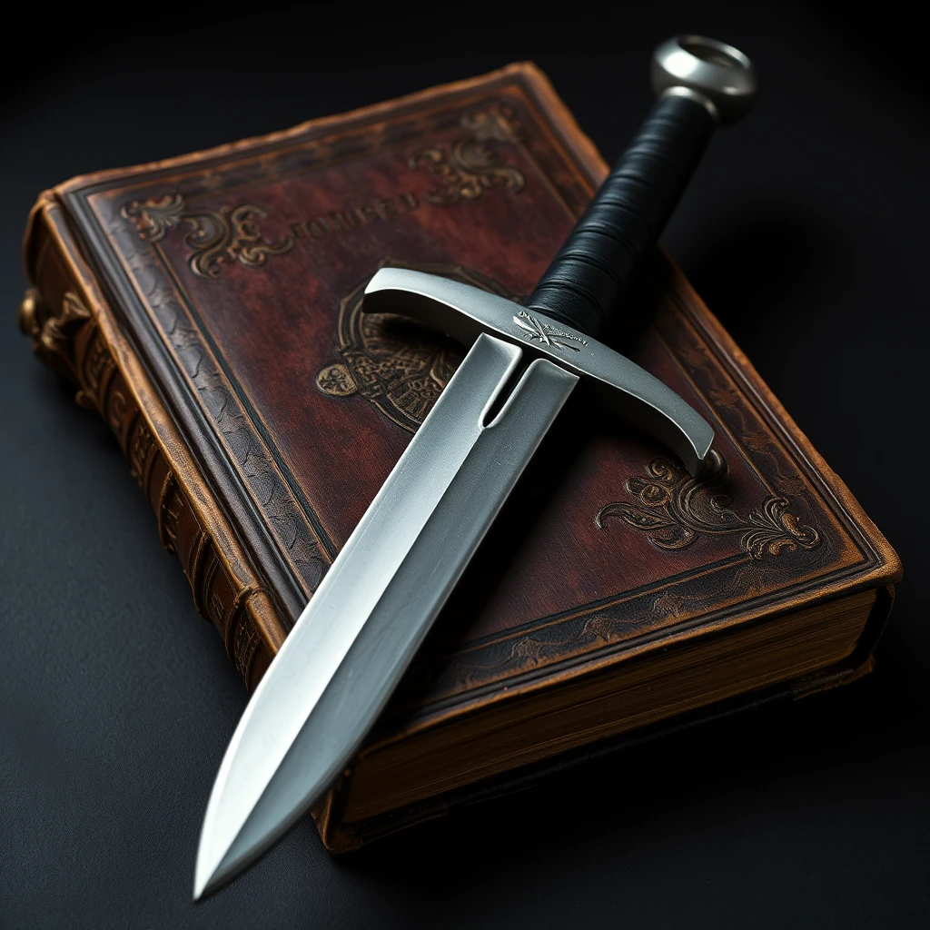 A weathered, leather-bound antique book with intricate embossed patterns lies on a dark surface. Resting diagonally across the book is a medieval-style sword, with a polished steel crossguard and a circular pommel, reflecting a faint light. The sword's black grip contrasts with the aged texture of the book. The background is dark, emphasizing the timeless and mysterious aura of the scene. - Image