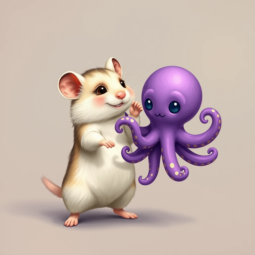 A cute hamster in white dancing with a cute octopus in purple.