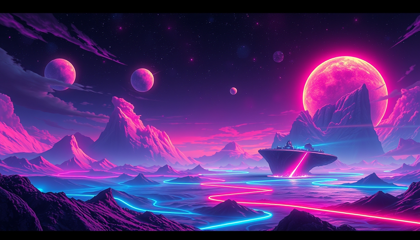 Surreal abstract landscape with neon lights, vibrant colors, and floating islands in a futuristic sky.