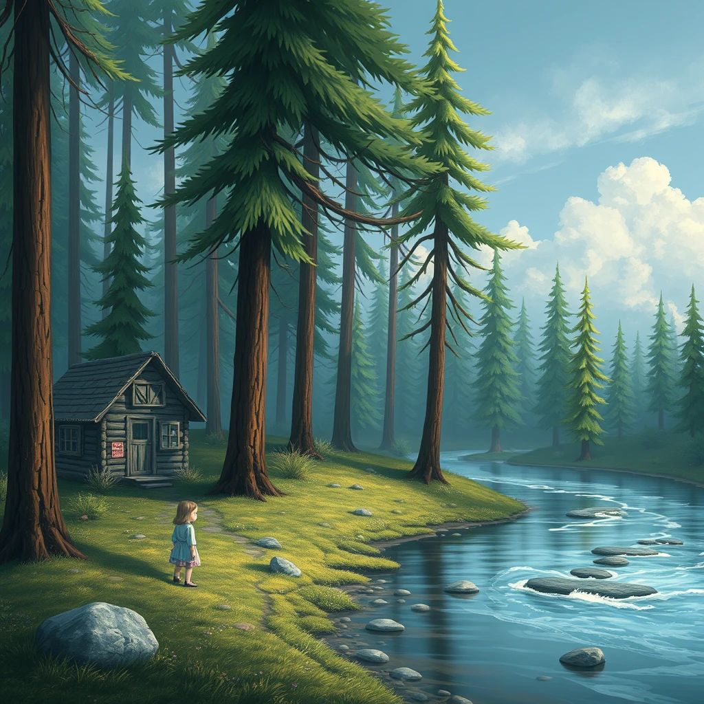 "A forest, a wooden cabin, a girl, and a river in front."