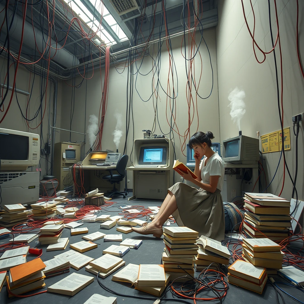 A real-life photograph, wide shot, of a Japanese female student in a skirt sitting in one corner of a large hall, where some books are scattered messily, and many wires of varying thicknesses are on the floor and in the air, including red, blue, yellow, and other colors. There are some computer screens as well as some machines emitting steam. The lighting is dim, and she is sitting and reading a book. - Image