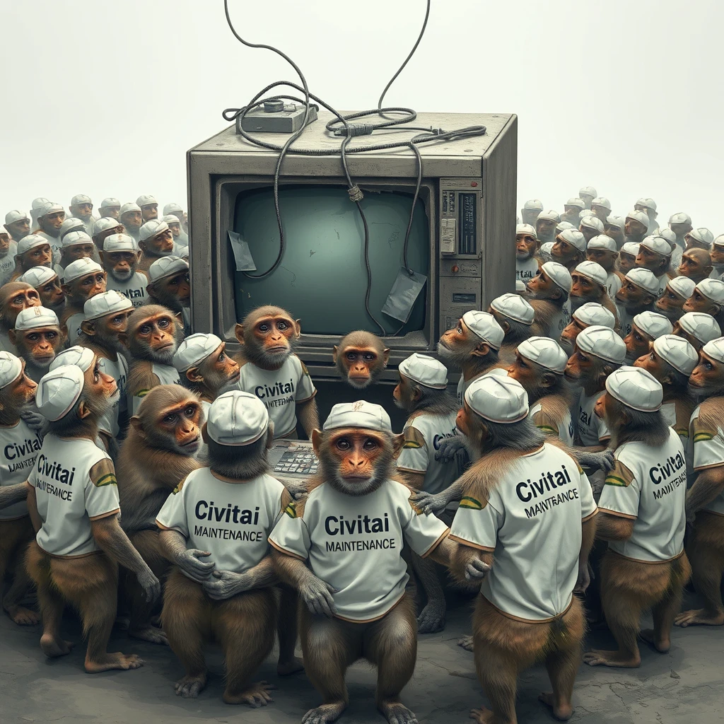 A hundred confused monkeys standing around a large broken computer wearing shirts and hats that say "Civitai Maintenance." - Image