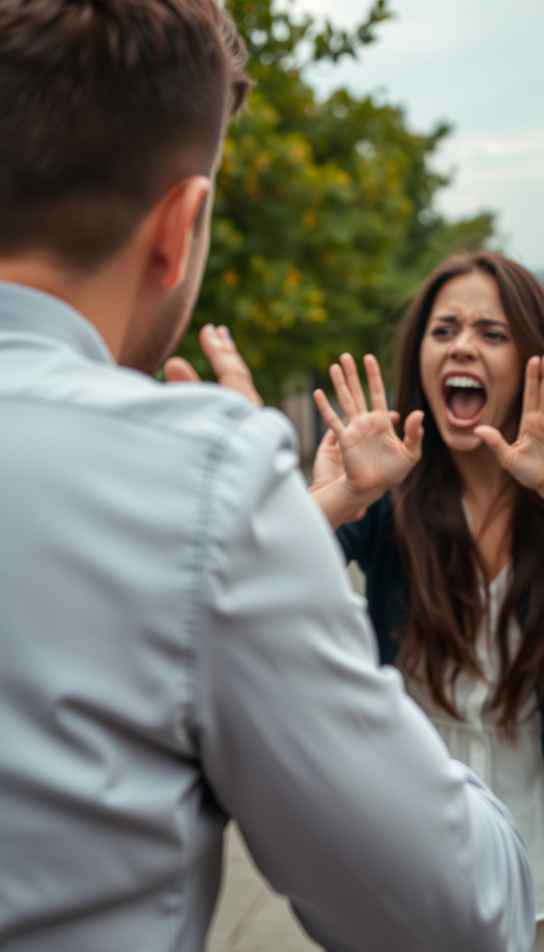 A man reached his hands toward a woman, the woman screamed and waved her hands in fear.