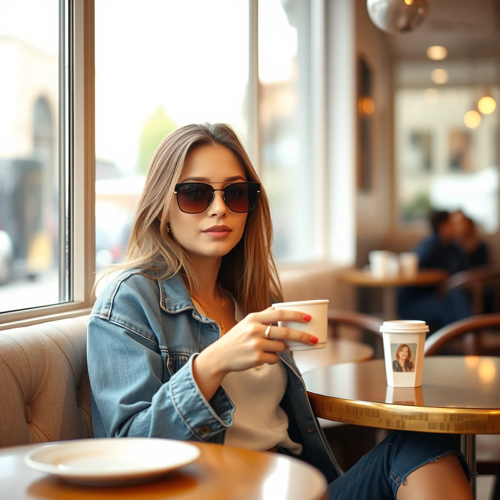 In summer, a 20-year-old fashion influencer is sitting at a chic café, wearing stylish clothes, enjoying a coffee. There is a depth of field with a blurry background of the café interior, soft ambient light, and it captures a candid shot.