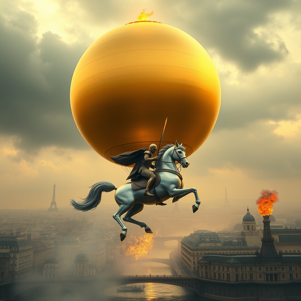 Giant perfect smooth gold sphere with a fiber texture flies above in the sky with a giant flame underneath to elevate the sphere like a hot air balloon, floating over vintage Paris in the style of the Universal Exhibition 1900, retro-futuristic aesthetic. Giant waves flood the city as a knight of the apocalypse rides a silver mechanical horse, emerging proudly from La Seine, galloping and slicing through the water under a stormy sky—doomsday, apocalypse, steampunk. Backlight, mist, and fire ambers create a perspective pop rock fluo collage of sci-fi steampunk machinery with extra dust particle clouds, octane render, and paper art ink art in the style of Méliès and Jules Verne. - Image