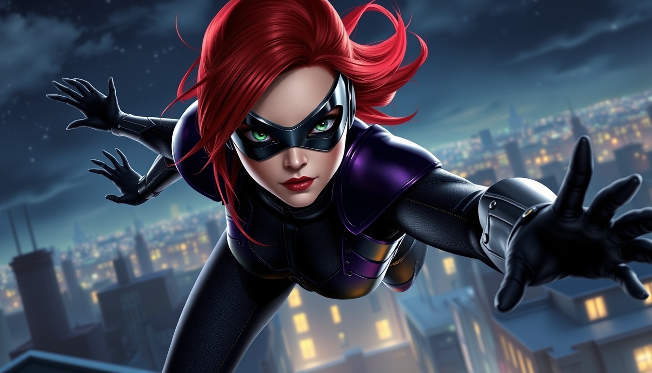 Red head with dark green eyes, metallic eye mask, a black spandex outfit with dark purple armor on her shoulders, jumping rooftops in the night sky, realistic and dynamic appearance. - Image