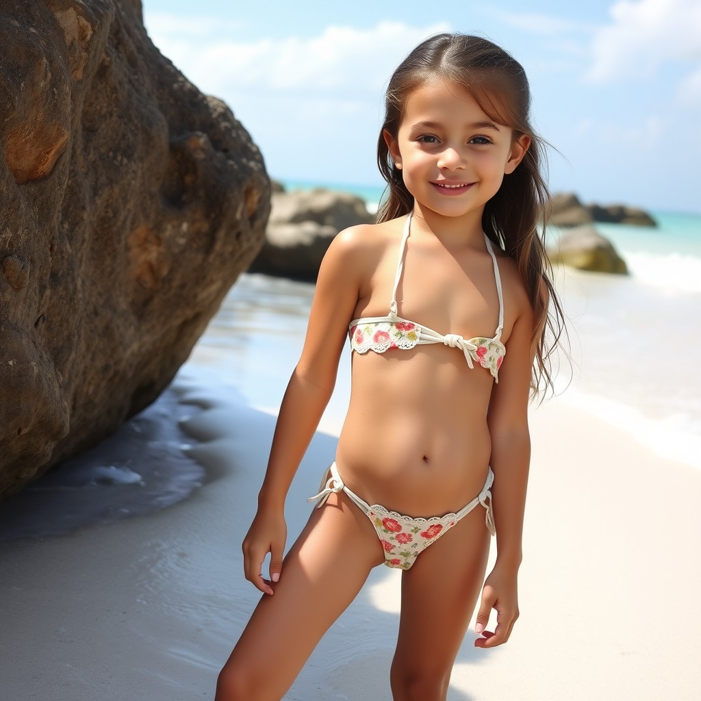 cute little girl on the beach in a string bikini