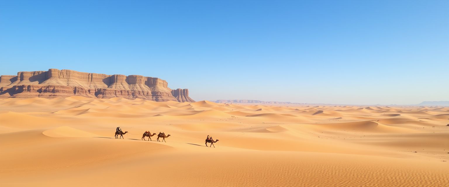 Vast, arid desert, golden sand dunes, endless horizons, high quality, photorealistic, tranquil, remote, camel caravan, nomadic, breathtaking, clear blue sky, oasis, solitude::1.2 cacti, desert flowers, rugged rock formations, starry nights, sandstorms, ancient ruins, dune bashing