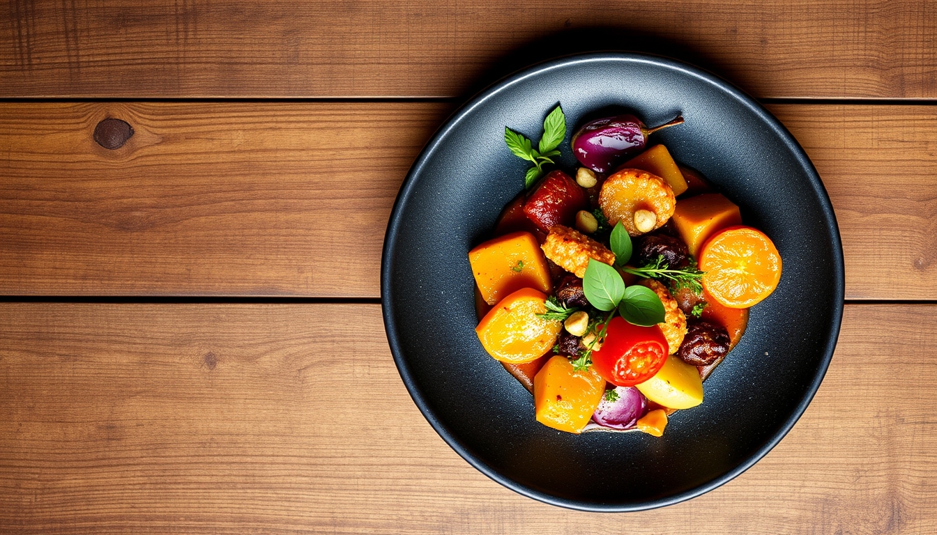 A top-down view of a beautifully arranged gourmet dish, with vibrant colors and textures, placed on a rustic wooden table, highlighting the artistry of food.