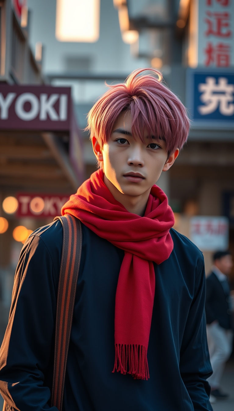 A Japanese guy, wearing a dark blue long sleeve dress with a red scarf around his neck, pink hair, during golden hour, with Tokyo train station in the background, bokeh, realistic image.