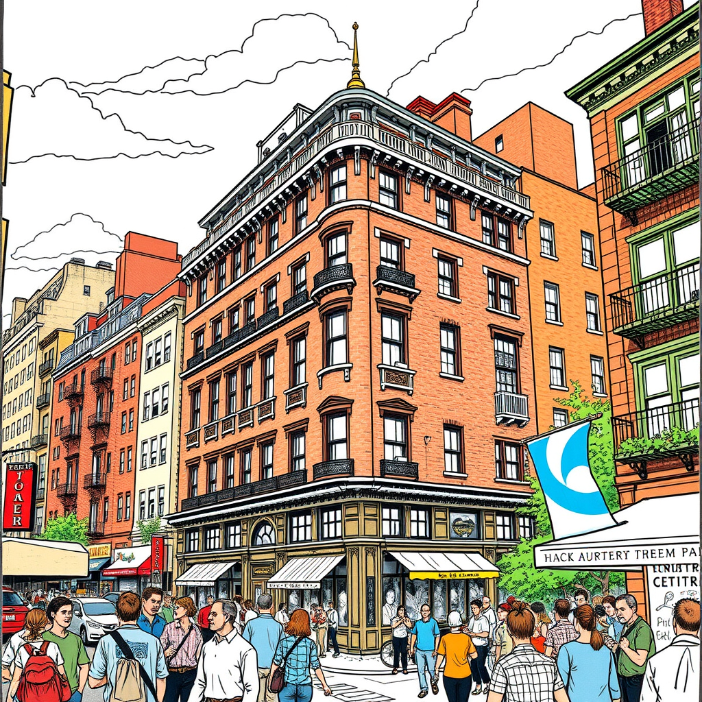 detailed pen and ink illustration of a building in NYC, by Herge, in the style of tin-tin comics, vibrant colors, detailed, lots of people, sunny day, busy neighborhood