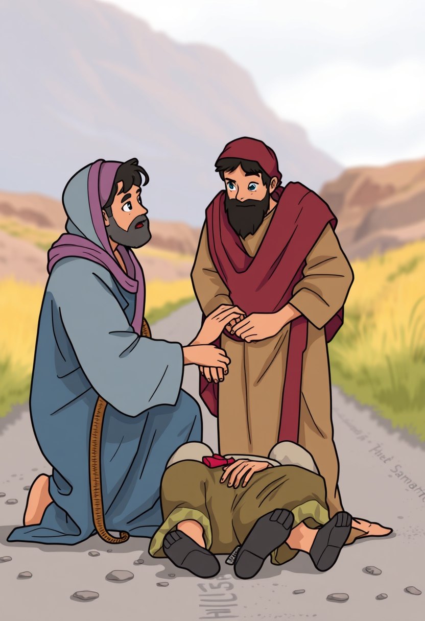 Create a scene of the Good Samaritan helping a wounded traveler on the road, with compassion and kindness evident in their expressions.