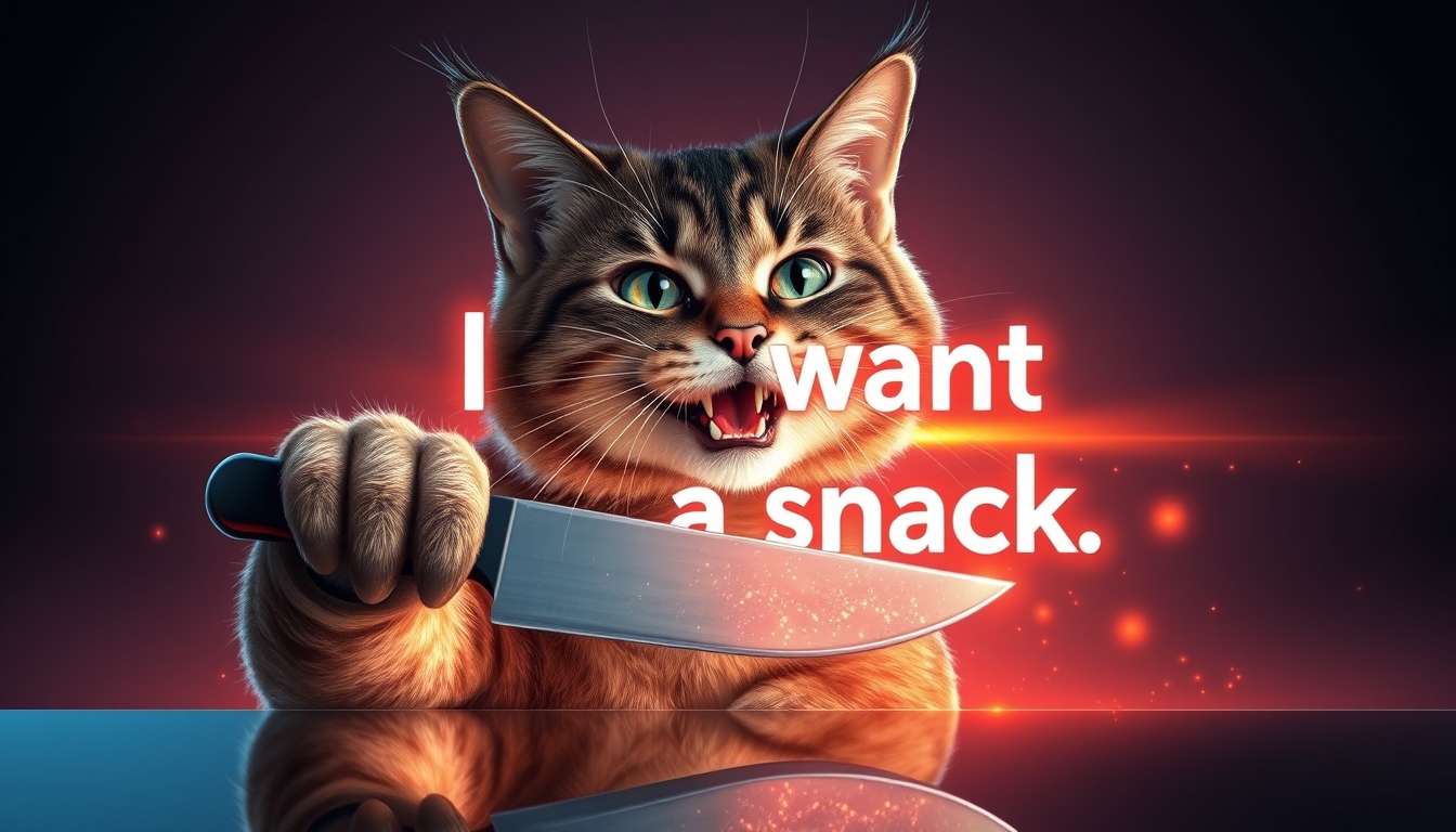 THE MEME message "I want a snack", action-packed grin smile cat with knife in hand, reflecting in glowneon edge, glowing, sparks horizon, detailed mirroring horizon reflecting polychromic space, straight lines, winning award digital art, highly detailed.