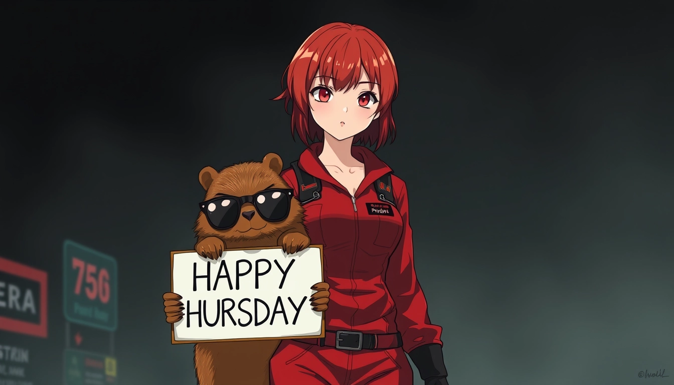 Redhead girl in red jumpsuit with a capybara wearing sunglasses holding a sign that says "HAPPY THURSDAY" dark sci-fi realistic anime style. - Image