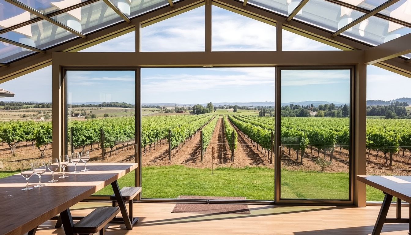 A picturesque vineyard with a glass-walled tasting room overlooking the grapevines. - Image