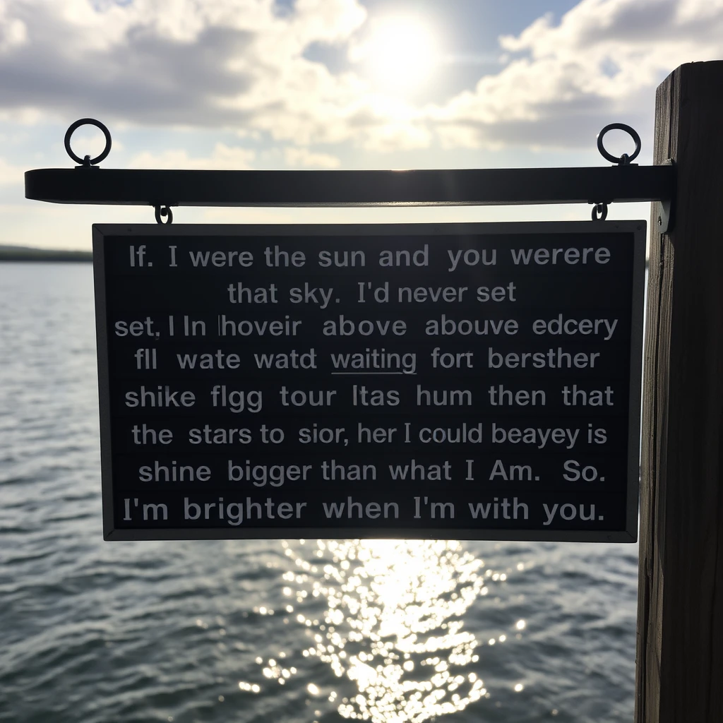 Sign that reads: "Hour Five:"
"If I were the sun and you were the sky I'd never set. I'd hover above the edge of the water waiting for you to shine your stars on me so I could become bigger than what I am. I'm brighter when I'm with you." - Image