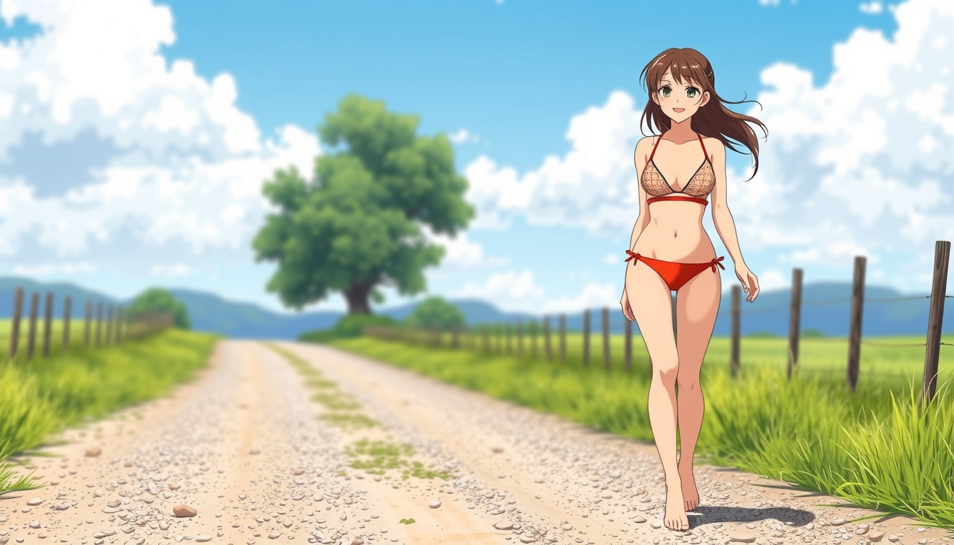 A beautiful adult bikini girl walking on a gravel country road, in anime style, barefoot, smiling.