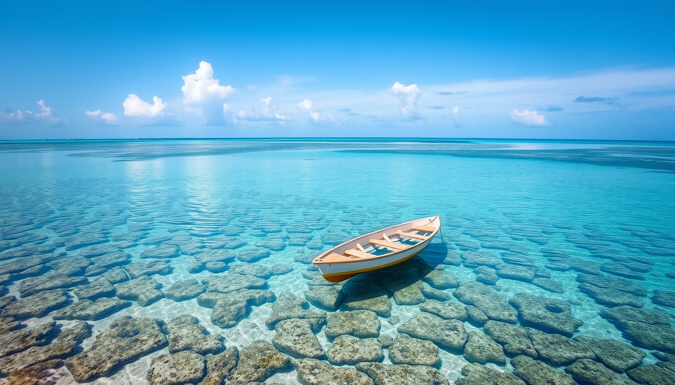 A tranquil beach with a glass-bottomed boat floating over a coral reef.