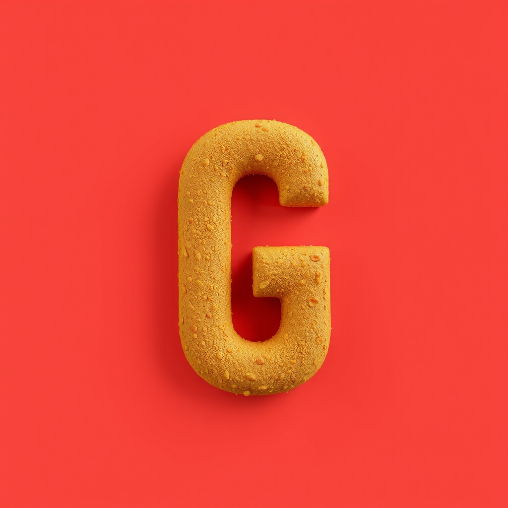 A letter "G" made of ginger, light red background, realistic photograph. - Image