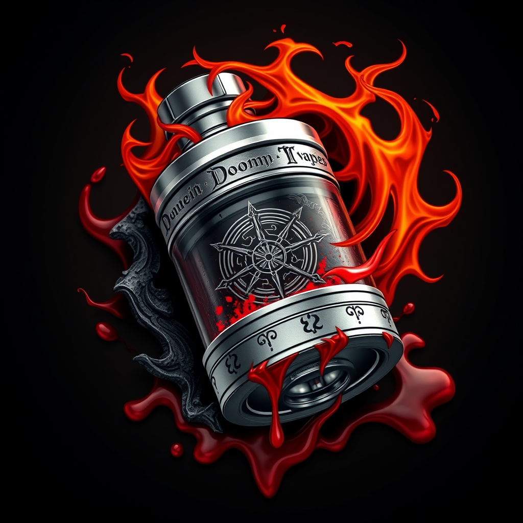 Hyper-realistic logo design for DoomVapes: Intricately detailed metallic vape tank, engraved with infernal motifs. Hellfire wisps curl around the device. Blood-red liquid seeps through cracks. Chthonic symbols etched on sleek surface. - Image