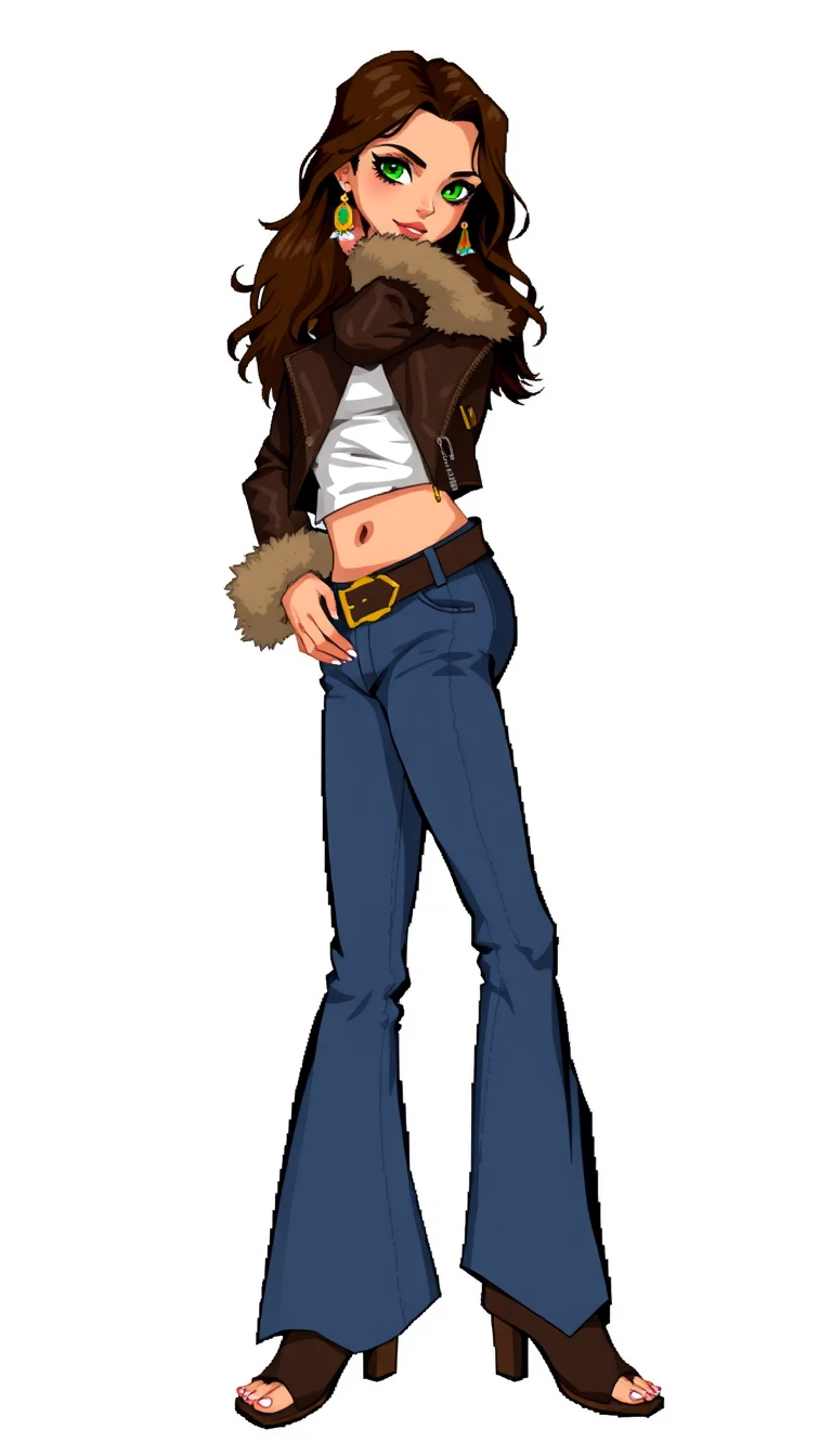 Exaggerated Pixel Art, white background, young hippie woman, standing sideways, slim body, green eyes, dressed in bell bottom jeans, belt, golden buckle, navel, crop fitted leather jacket, fur collar and cuffs, open toe boots, toes, earrings.