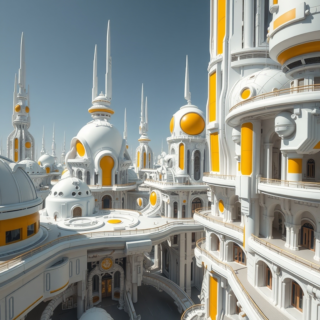 Futuristic cityscape with white and yellow structures, intricate details and walkways. - Image