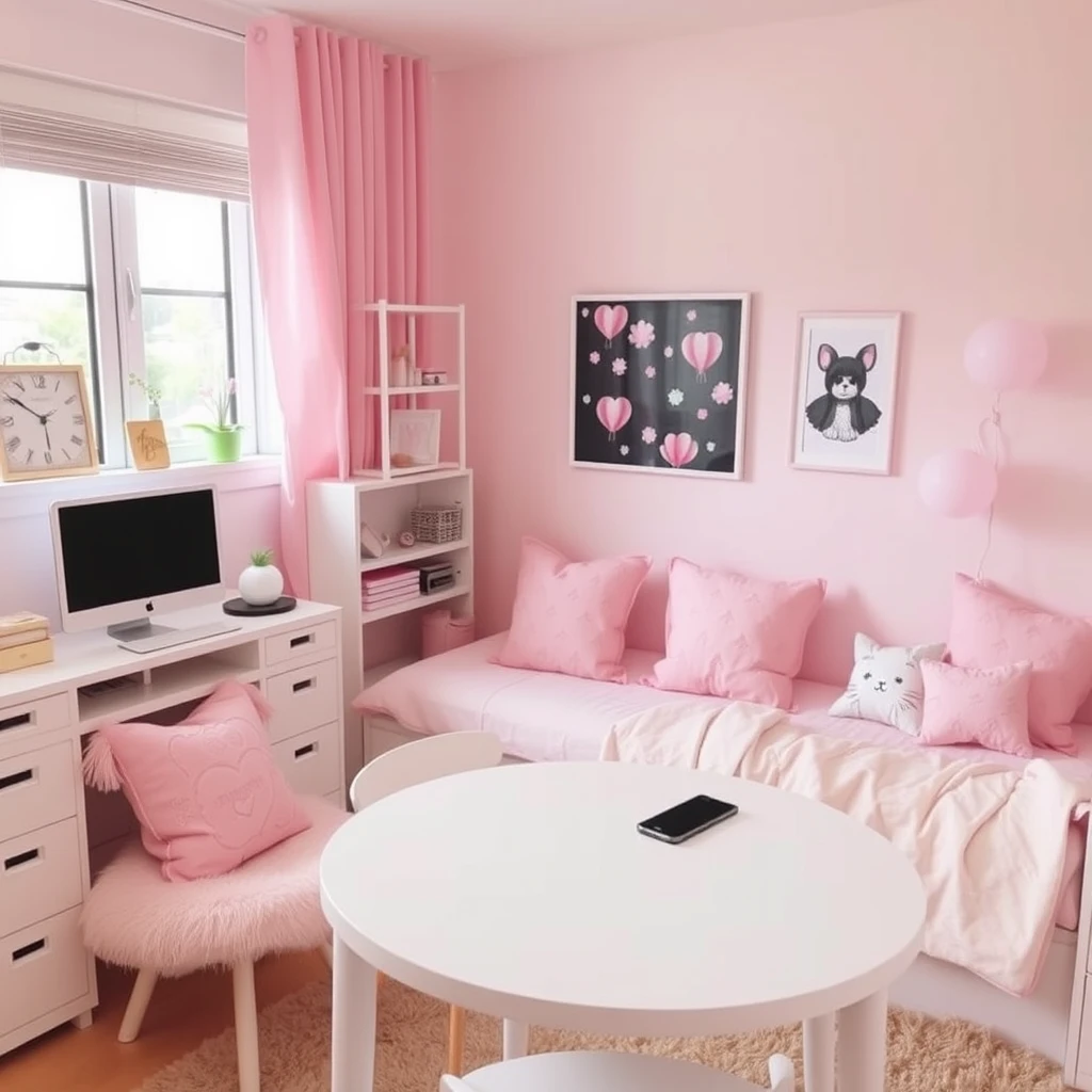 Make a girl's room warm and cozy, with light pink furniture and decorations, a computer, mobile phone, pillows, tables, and chairs.