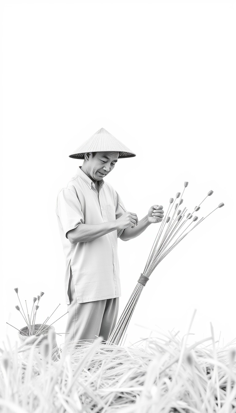 A Chinese farmer is working, minimalist style with a light white background.