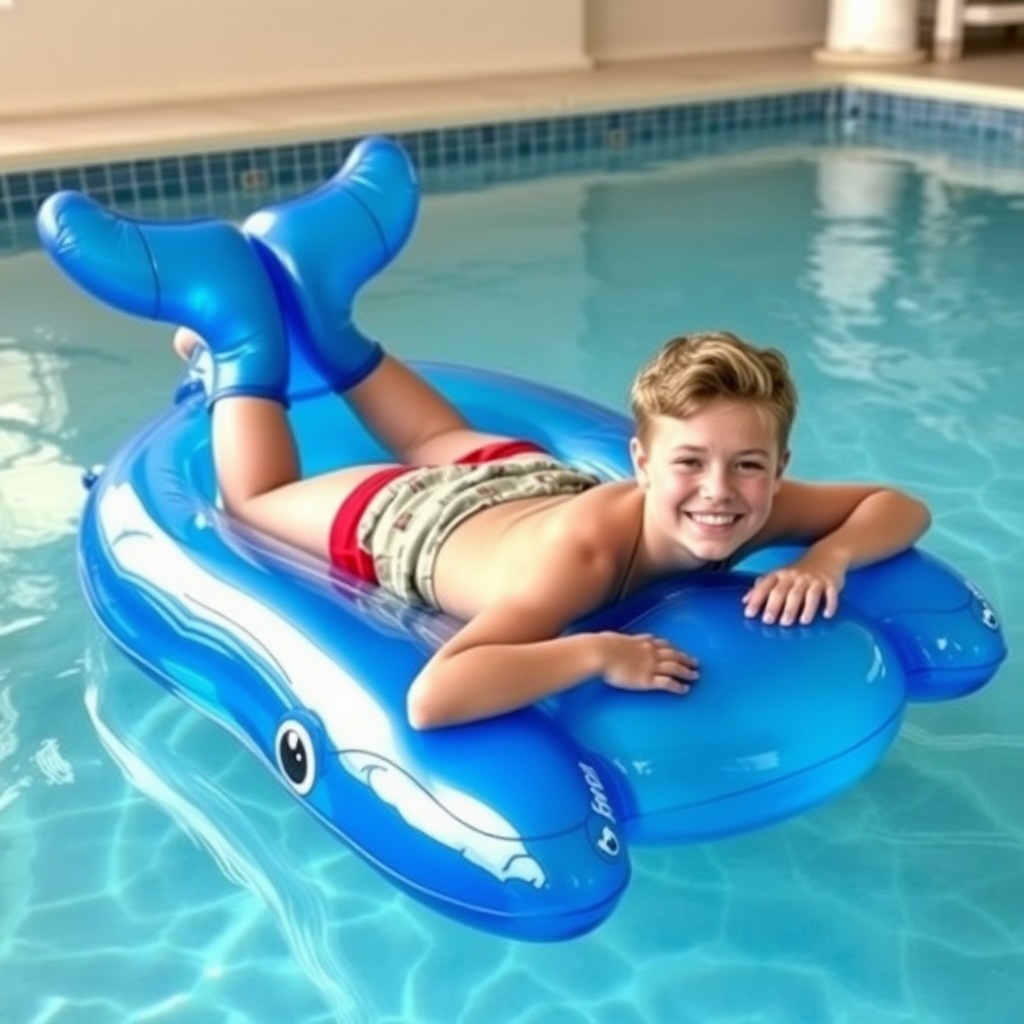 Teen, lying on their stomach on a blue transparent inflatable dolphin float in the home pool, holding onto two fins. - Image