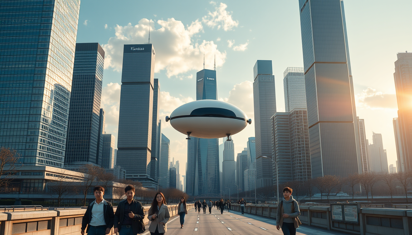 Create a stunning high-resolution image of the city of the future. The skyline should be filled with towering skyscrapers. Includes a light-colored oval balloon-type robot flying rapidly through the air with tiny black balancers on either side of the balloon. There are some people walking on the street, Asian faces, wearing fashionable and avant-garde clothes, laid-back and pleasant atmosphere. The visual focus of the image highlights small balloon-type robots patrolling the air for safety, very beautiful clouds, and beautiful sunlight reflecting off the glass surfaces of buildings, creating an atmosphere of excitement and innovation. Very sharp and realistic details, 32K, flat view. - Image