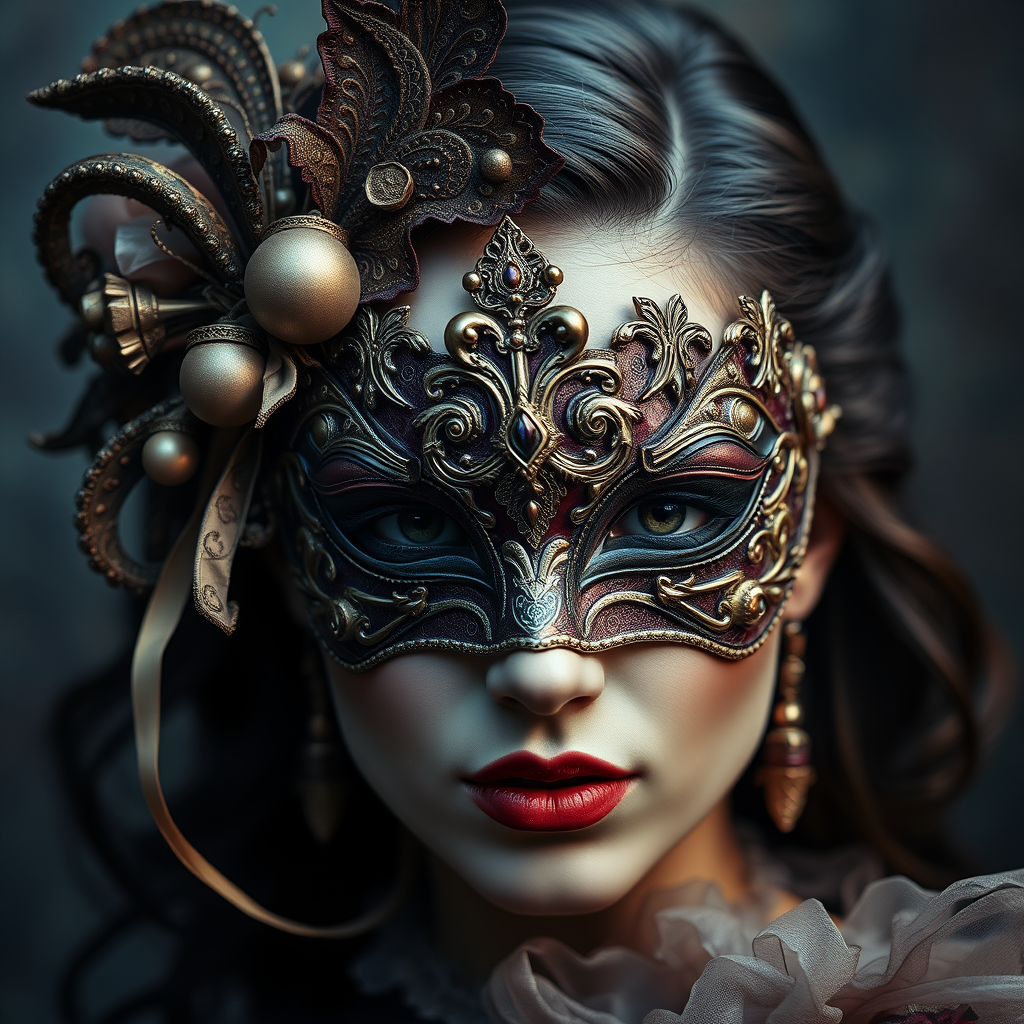 Portrait of a woman in a richly decorated masquerade mask. The mask has high detail and elegant style. The design creates an atmosphere of mystery, fantasy, and magic. - Image