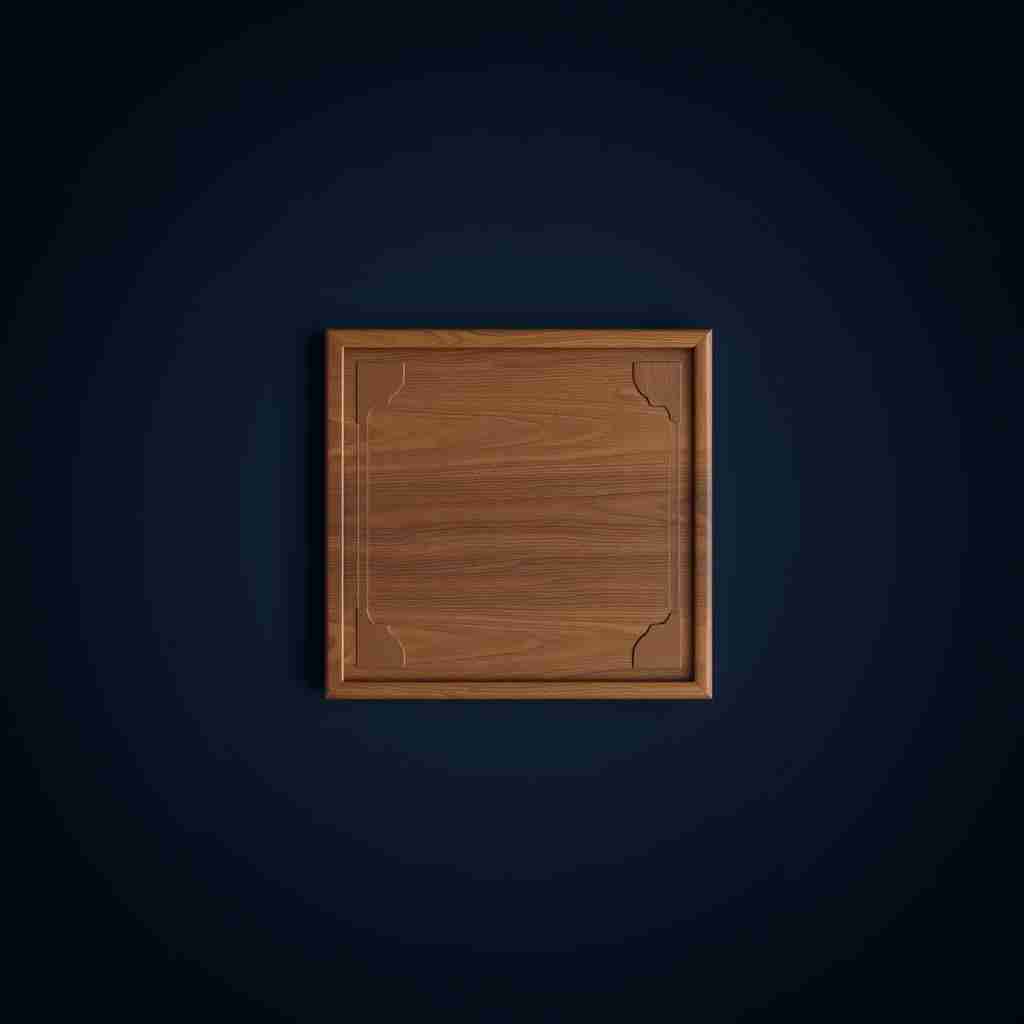 The image presents a 3D rendering of a board. The game board, made of wood, is the central focus of the image. It is a square board with a wooden top and a wooden bottom. The board is set against a dark blue radial gradient background. elegant dark brown color.