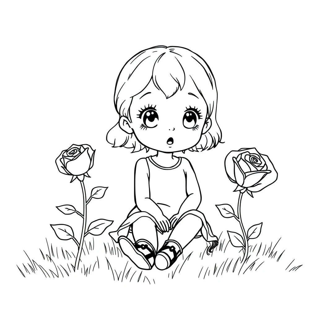 A tiny girl with a surprised look sitting next to a rose in a field, depicted in black line art on a white background. The lines are precise and well-defined. The girl's hair, shoes, and other details are outlined without any shading or filled areas.