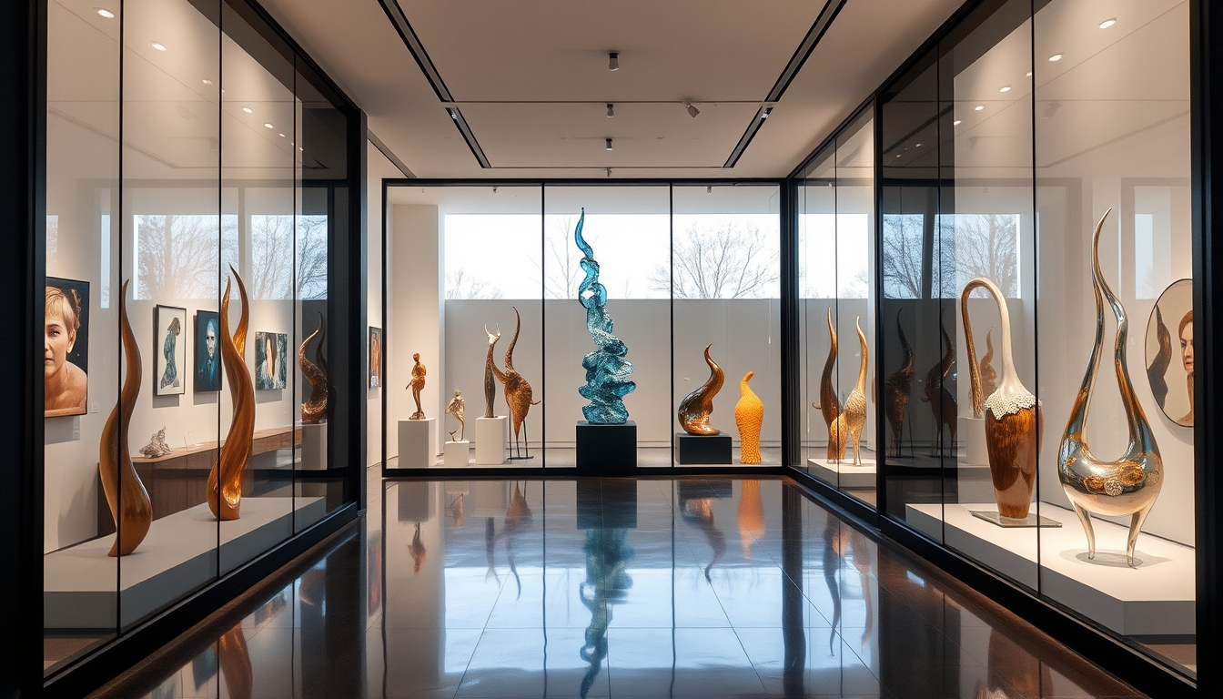 A modern art gallery with glass walls, showcasing contemporary glass sculptures. - Image