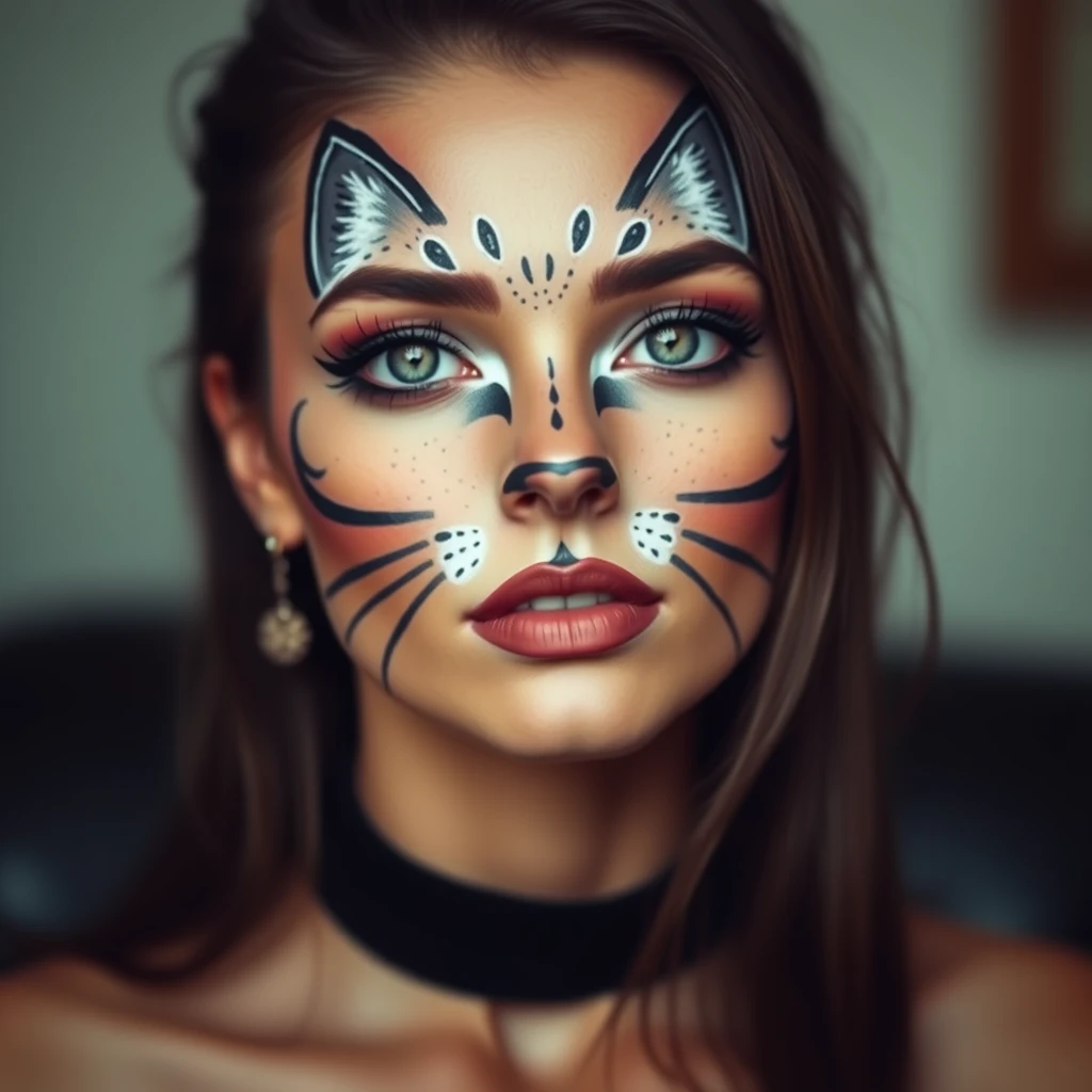 A beautiful woman with a cat pattern painted on her face. - Image