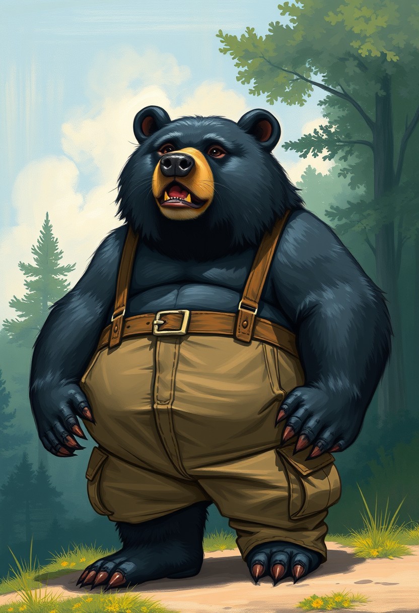 Painting of an anthropomorphic black bear-cougar hybrid wearing cargo pants in the summer. Extremely overweight, semi-cartoon. - Image