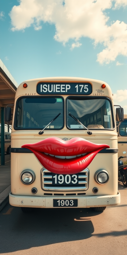 Surreal and whimsical image featuring a vintage bus parked at a bus station. The bus has a cream-colored exterior with a slightly weathered look, and the number '1903' is displayed on the front. The most striking feature is the large, exaggerated set of lips and teeth superimposed on the front of the bus, giving it a cartoonish and humorous appearance. The bus station has a covered area with a high roof, and there are other buses and motorcycles visible in the background. The bus destination sign reads 'ISUEP SIP 135' in white text on a black background. The overall scene is bright and clear, with a blue sky and some clouds visible.