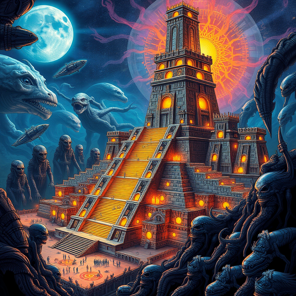 Zentanglepunk intricate glowing huge 3D sci-fi alien megapolis bursting out from half-destroyed Mayan pyramids: Magical sci-fi world. Zentangle patterns around, detailed alien background. - Image