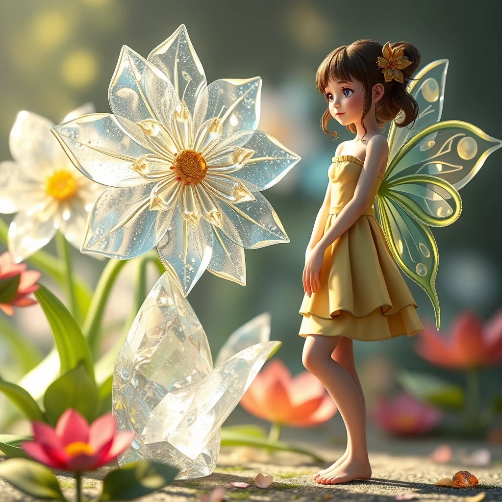 Glass textured flowers, a girl standing next to her wearing a skirt, fairy spirits talking to her, crystal sparkling next to her, Picas style, anime, 3D rendering, natural light, high-definition picture quality, 8K, -- niji 6 - Image