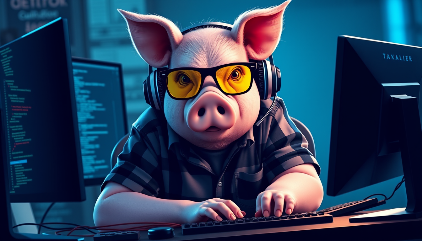 A tech-savvy pig coder, wearing yellow-tinted glasses and sleek noise-cancelling headphones, hunches over a cutting-edge multi-monitor setup. The anthropomorphic pig exudes focus, typing furiously while dressed in a plaid t-shirt. - Image