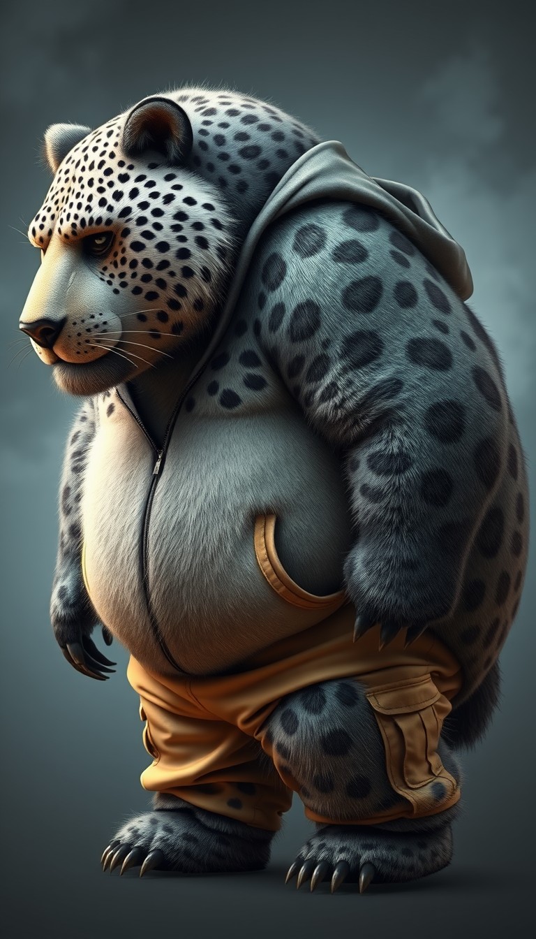 quarter view, Anthropomorphic obese gray bear leopard hybrid, blended features. gray and black fur with tan and white fur markings. he has a heavyset body. wide fat bottom. Fat wide double chins. tan cargo pants and zip up hoodie. full body. uncropped. fluffy fur. abstract background digital art. - Image