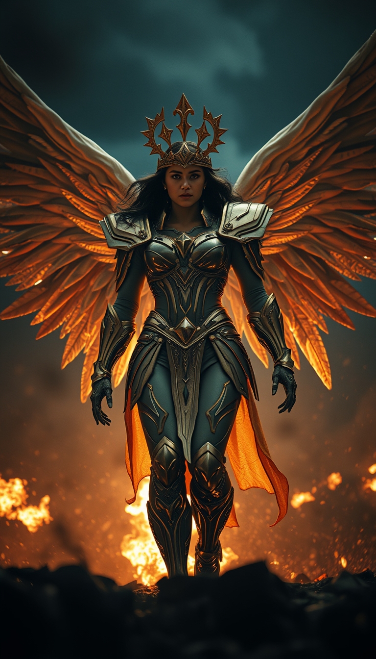 Cinematic shot of a female battle angel rising from ashes, golden regal Valkyrie armor, futuristic, standing on a battlefield, movie scene, film grain, realistic, shot from below, dark lighting.