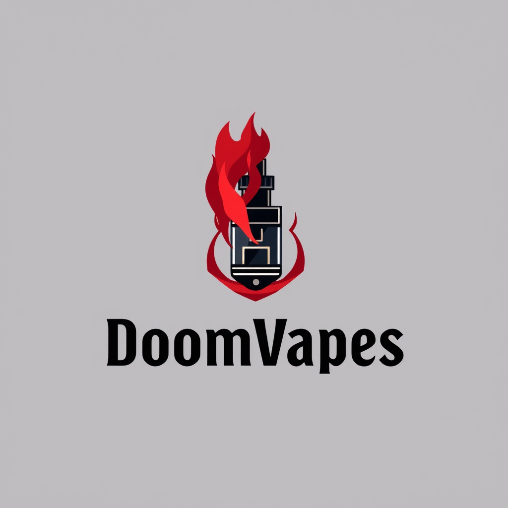 Sleek, minimalist logo design for DoomVapes featuring a stylized vape tank engulfed in ethereal, crimson flames. blend with modern simplicity. Geometric shapes evoke demonic symbolism. Bold, sans-serif typography in obsidian black. Balanced composition with negative space suggesting otherworldly vapors.