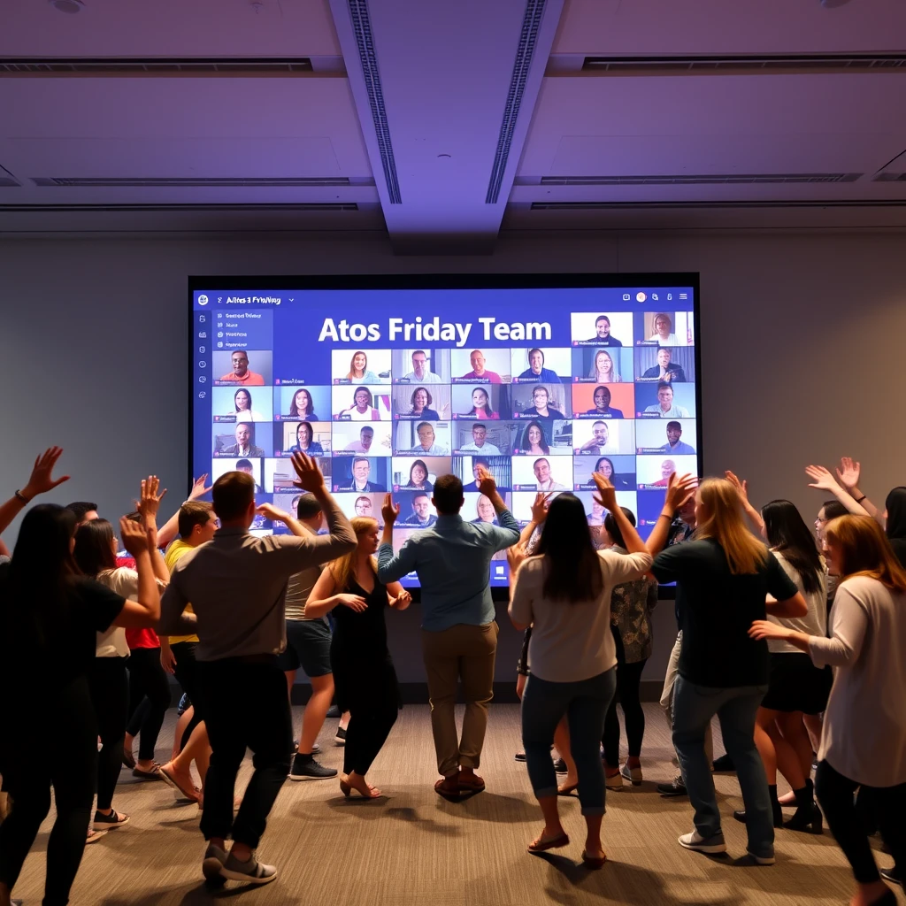 Lots of people dancing in front of a large screen showing a Microsoft Teams meeting with many people. The title on the screen says "Atos Friday Team."