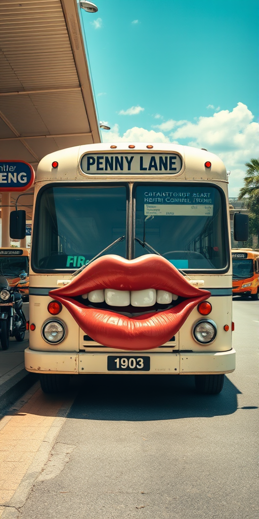 Surreal and whimsical image featuring a vintage bus parked at a bus station. The bus has a cream-colored exterior with a slightly weathered look, and the number '1903' is displayed on the front. The most striking feature is the large, exaggerated set of lips and teeth superimposed on the front bumper of the bus, resembling a face, with headlights as eyes and giving it a cartoonish and humorous appearance. The bus station has a covered area with a high roof, and there are other buses and motorcycles visible in the background. The bus destination sign reads 'PENNY LANE' in white text on a black background. The overall scene is bright and clear, with a blue sky and some clouds visible.