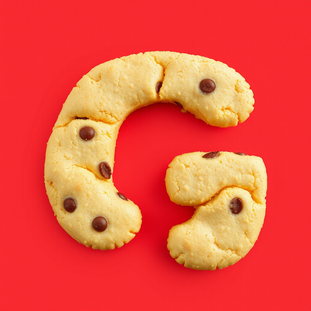 A letter "G" made of cookies, light red background, realistic photograph.