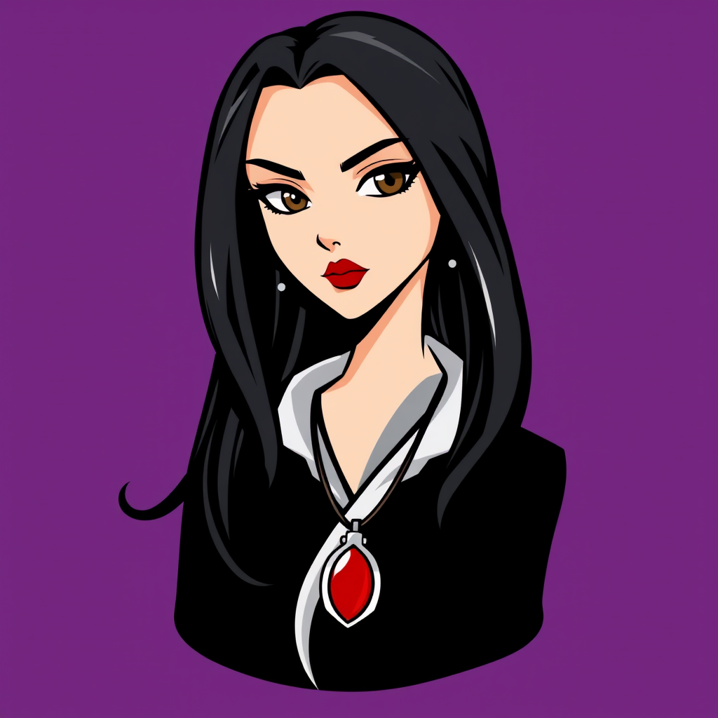 A basic simple vector logo of a beautiful female character with hazel brown eyes, long, dark black hair, wearing a black and white outfit with a red pendant necklace, and serious face with red lipstick, on a purple background.