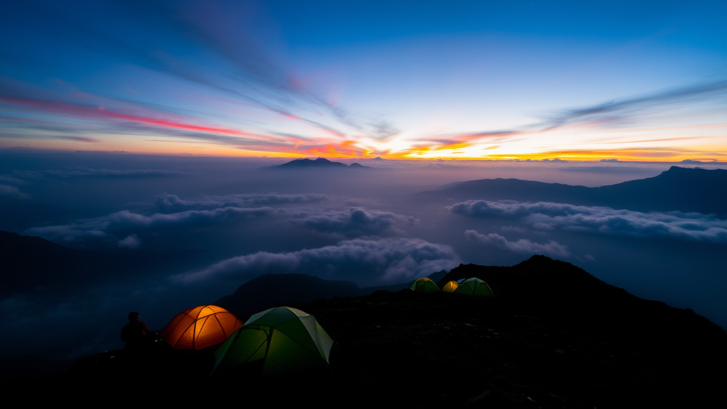 tents on a mountain in the middle of, Rudy Siswanto, art photography, flickr contest winner, tents, vibrant sunrise, at sunrise, trending on 500px, trending on 500px, during dawn